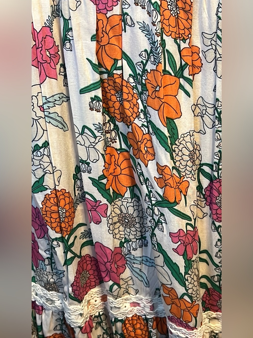 Floral Tiered V-Neck Women's Dress in White with Pink & Orange Flowers 2X - Picture 9 of 9